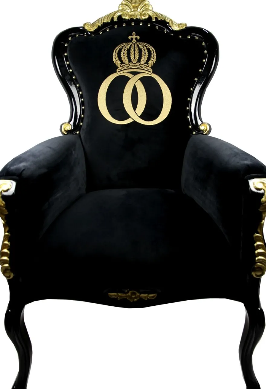 Pompöös by Casa Padrino Luxus Barock Sessel Bergere Schwarz / Gold mit Goldkrone - Pompööser Barock Sessel designed by Harald Glööckler