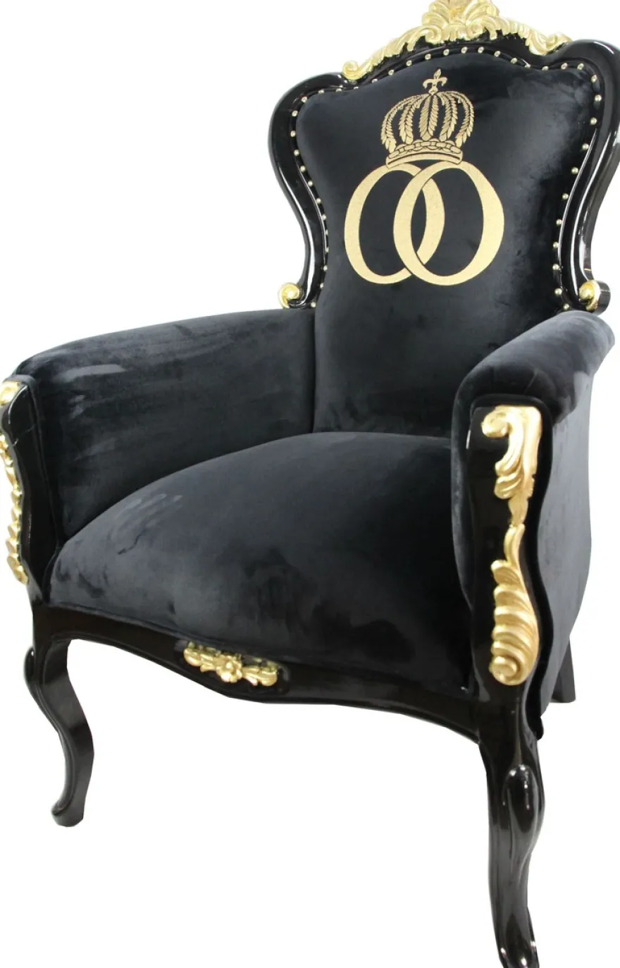 Pompöös by Casa Padrino Luxus Barock Sessel Bergere Schwarz / Gold mit Goldkrone - Pompööser Barock Sessel designed by Harald Glööckler