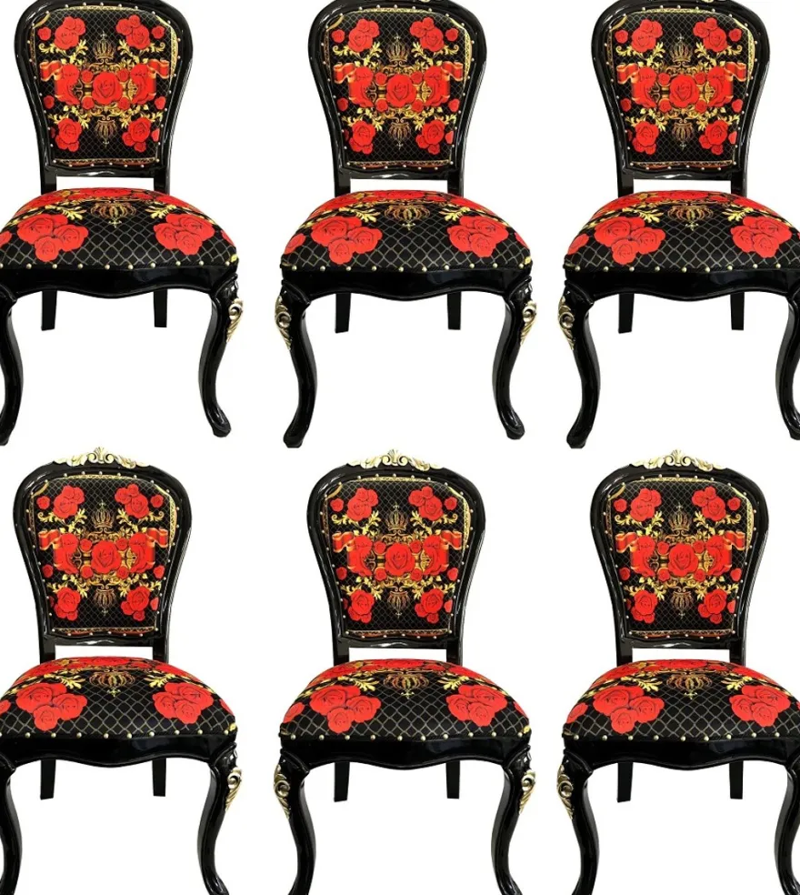 Pompöös by Casa Padrino Luxus Barock Esszimmerstühle Roses Schwarz / Rot / Gold - Esszimmer Set - 6 Pompööse Barock Stühle designed by Harald Glööckler