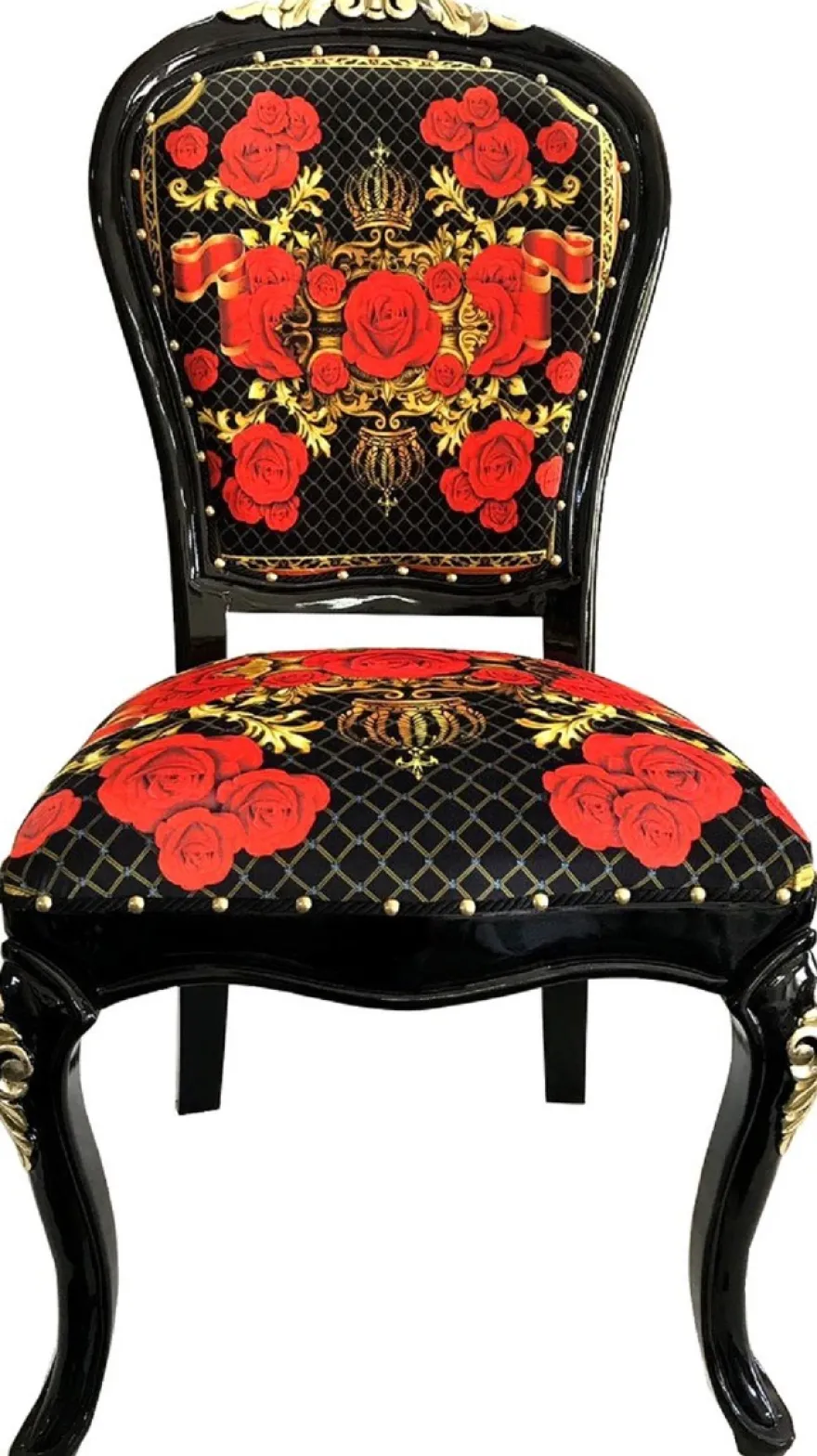 Pompöös by Casa Padrino Luxus Barock Esszimmerstühle Roses Schwarz / Rot / Gold - Esszimmer Set - 6 Pompööse Barock Stühle designed by Harald Glööckler