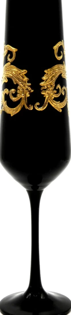 Pompöös by Casa Padrino Luxus Champagner Glas Set Schwarz / Gold Ø 6 x H. 25 cm - Gläser mit 24 Karat Vergoldung - Pompööse Gläser designed by Harald Glööckler