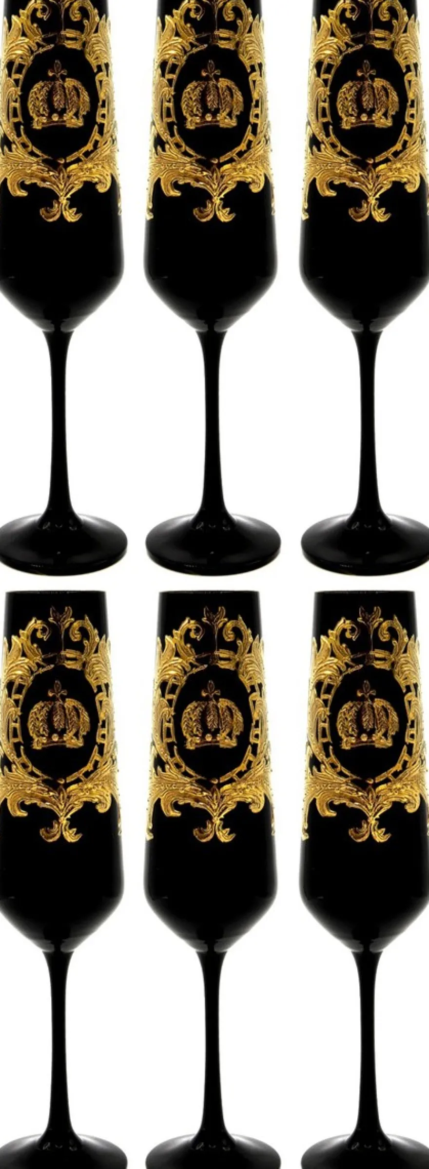 Pompöös by Casa Padrino Luxus Champagner Glas Set Schwarz / Gold Ø 6 x H. 25 cm - Gläser mit 24 Karat Vergoldung - Pompööse Gläser designed by Harald Glööckler