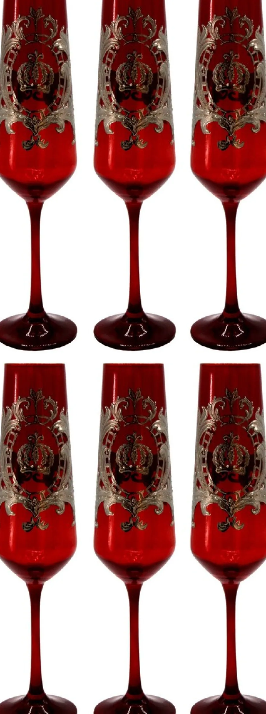 Pompöös by Casa Padrino Luxus Champagnerglas Set Bordeauxrot / Silber Ø 6 x H. 25 cm - Champagnergläser mit edler Platin Beschichtung - Pompööse Gläser designed by Harald Glööckler
