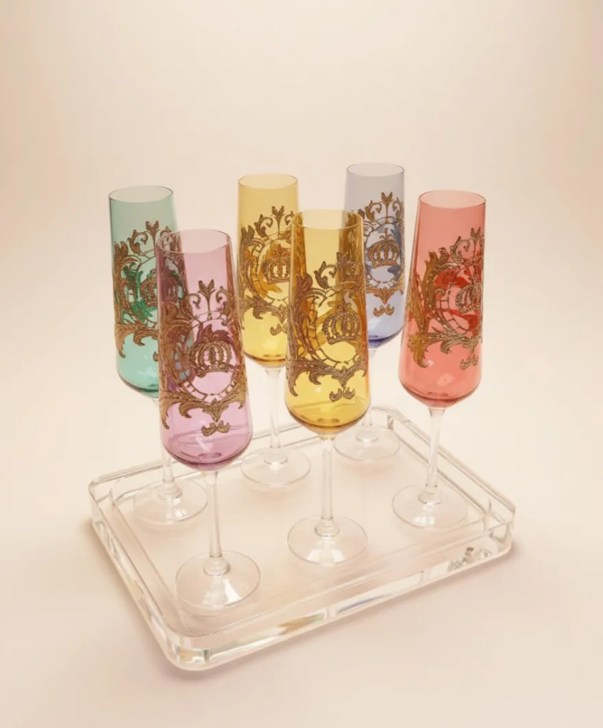Pompöös by Casa Padrino Luxus Champagnerglas Set Bunt Ø 6 x H. 25 cm - Champagnergläser mit 24 Karat Vergoldung - Pompööse Gläser designed by Harald Glööckler