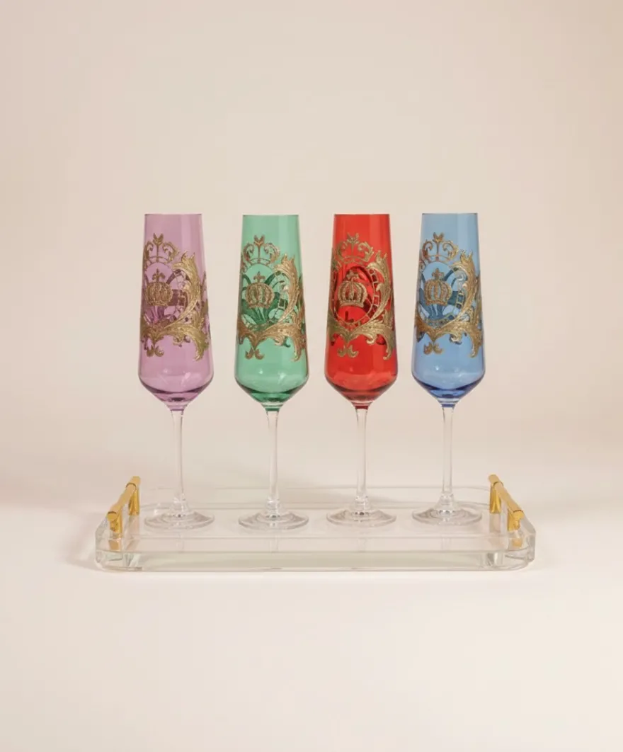 Pompöös by Casa Padrino Luxus Champagnerglas Set Bunt Ø 6 x H. 25 cm - Champagnergläser mit 24 Karat Vergoldung - Pompööse Gläser designed by Harald Glööckler