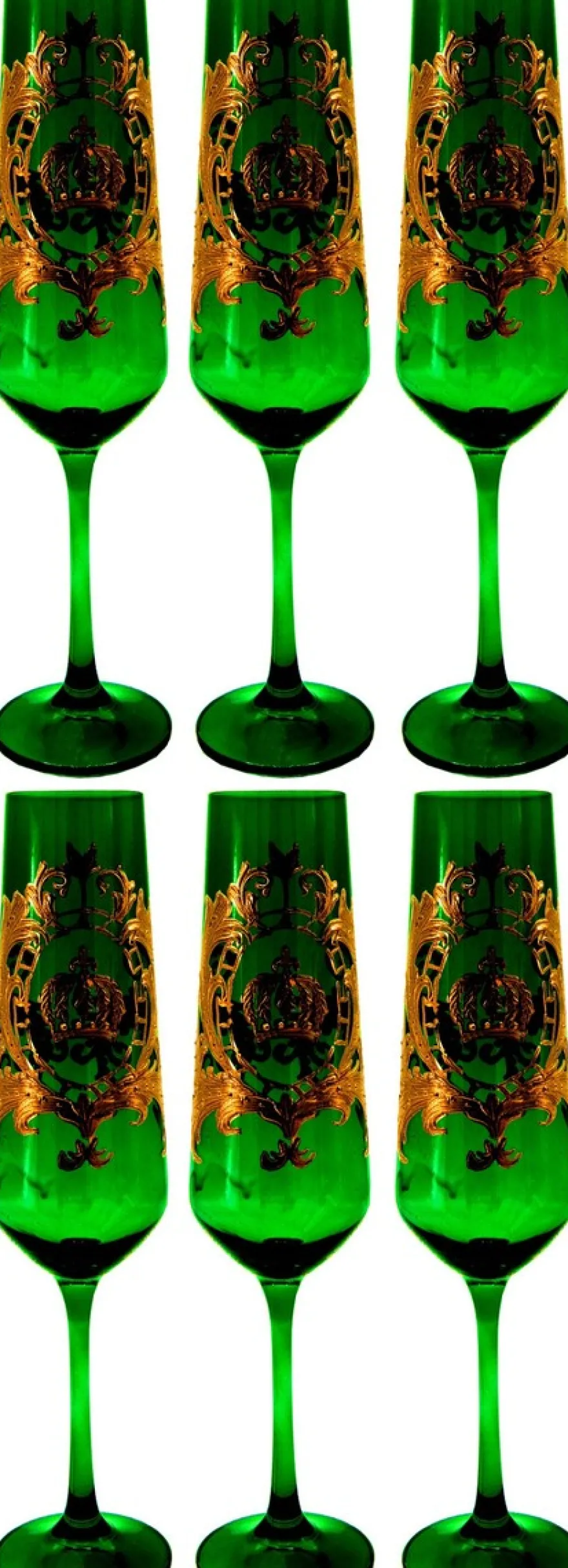 Pompöös by Casa Padrino Luxus Champagnerglas Set Dunkelgrün / Gold Ø 6 x H. 25 cm - Champagnergläser mit 24 Karat Vergoldung - Pompööse Gläser designed by Harald Glööckler