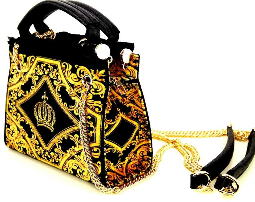 Pompöös by Casa Padrino Luxus Damen Handtasche Krone und Strass Steine Schwarz / Gold 25 x H. 20 cm - designed by Harald Glööckler