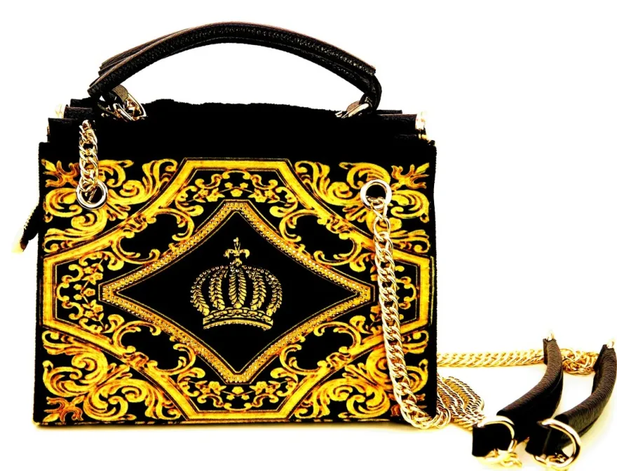 Pompöös by Casa Padrino Luxus Damen Handtasche Krone und Strass Steine Schwarz / Gold 25 x H. 20 cm - designed by Harald Glööckler