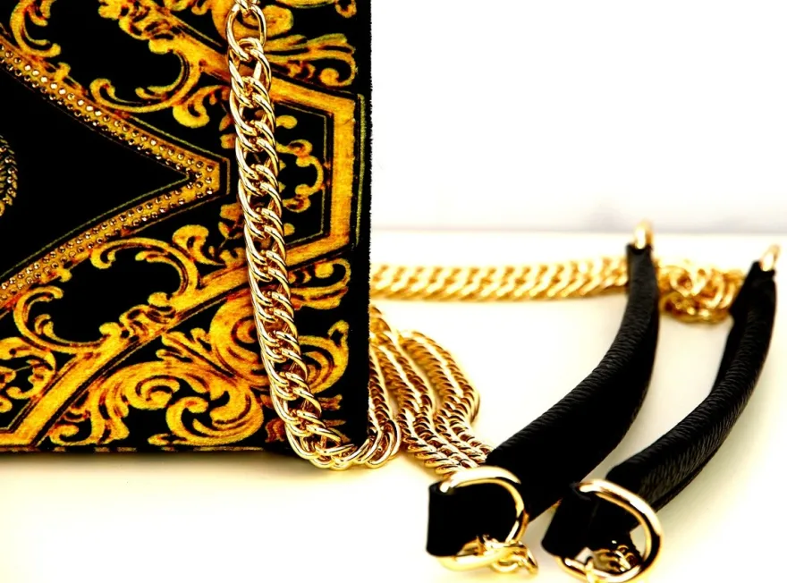 Pompöös by Casa Padrino Luxus Damen Handtasche Krone und Strass Steine Schwarz / Gold 25 x H. 20 cm - designed by Harald Glööckler
