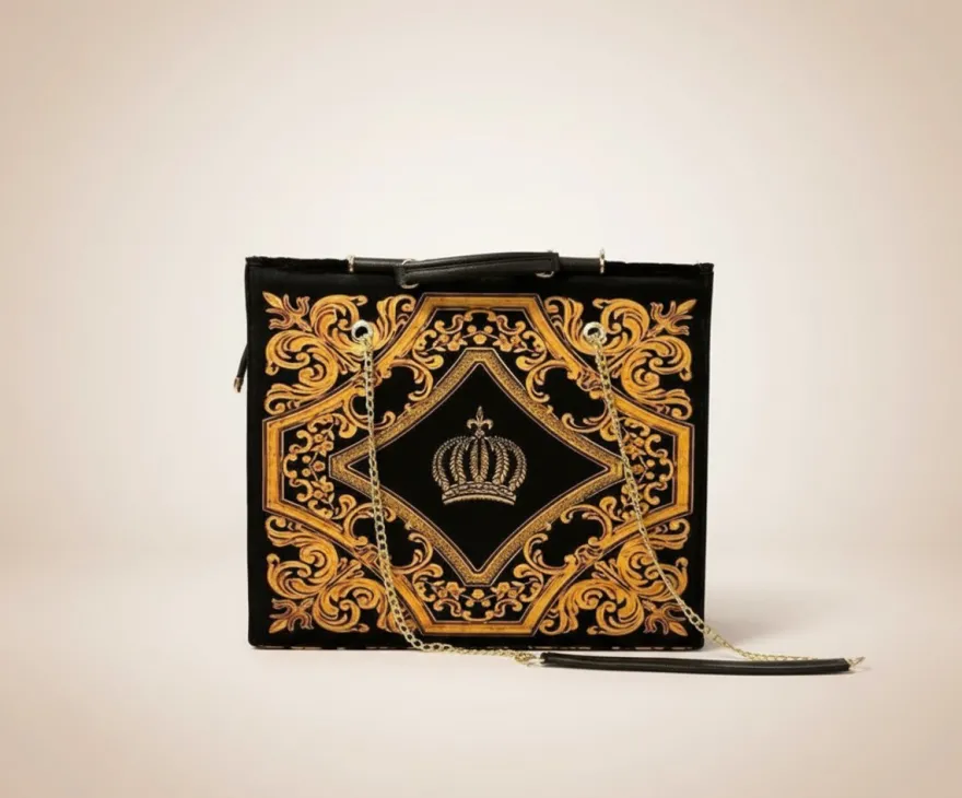 Pompöös by Casa Padrino Luxus Damen Handtasche Krone und Glitzersteine Schwarz / Gold 43 x H. 43 cm - designed by Harald Glööckler