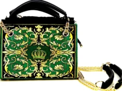 Pompöös by Casa Padrino Luxus Damen Handtasche Baroque Flowers mit Krone und Strass Steine Grün / Schwarz / Gold 25 x H. 20 cm - designed by Harald Glööckler