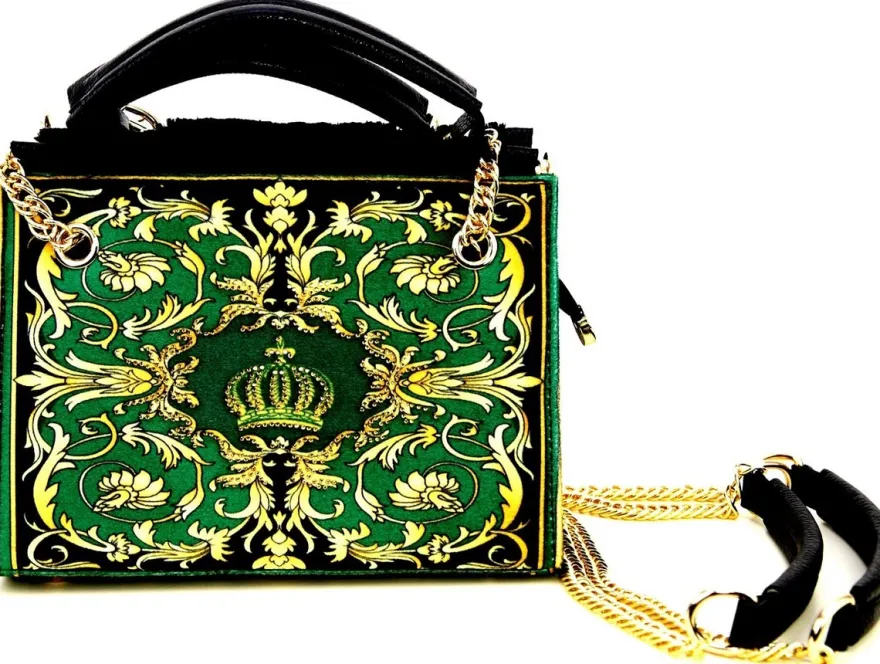Pompöös by Casa Padrino Luxus Damen Handtasche Baroque Flowers mit Krone und Strass Steine Grün / Schwarz / Gold 25 x H. 20 cm - designed by Harald Glööckler