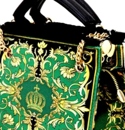 Pompöös by Casa Padrino Luxus Damen Handtasche Baroque Flowers mit Krone und Strass Steine Grün / Schwarz / Gold 25 x H. 20 cm - designed by Harald Glööckler