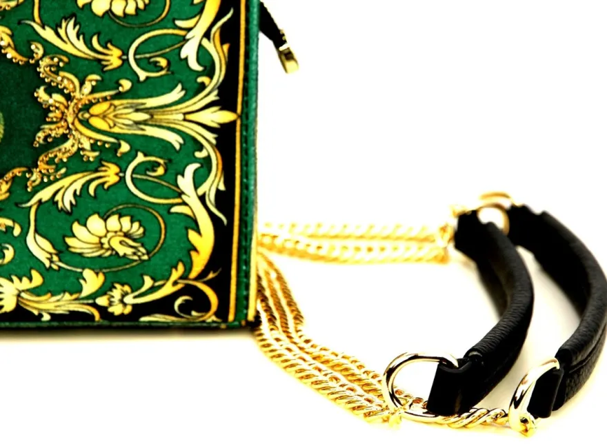 Pompöös by Casa Padrino Luxus Damen Handtasche Baroque Flowers mit Krone und Strass Steine Grün / Schwarz / Gold 25 x H. 20 cm - designed by Harald Glööckler