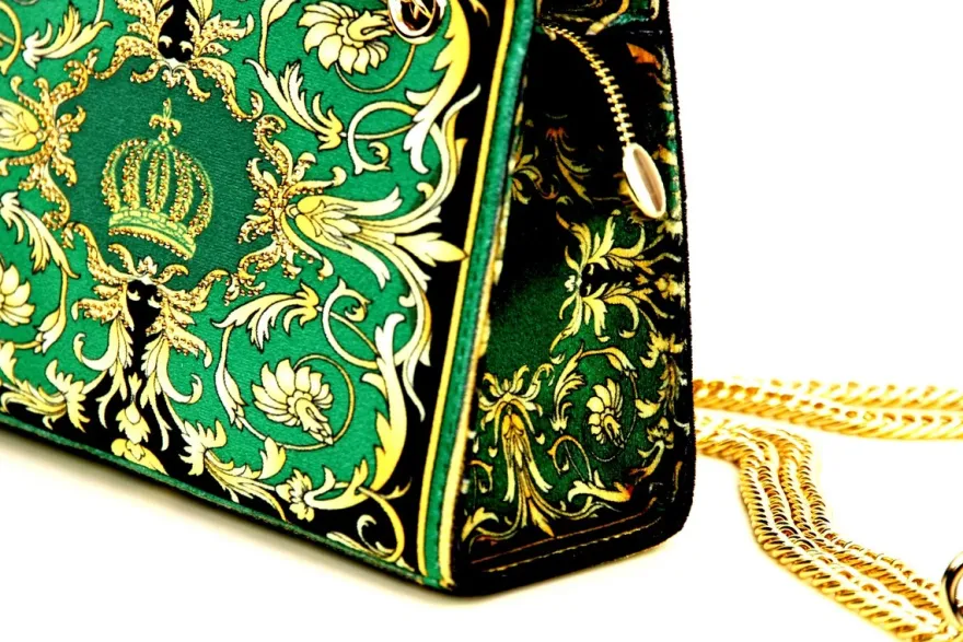 Pompöös by Casa Padrino Luxus Damen Handtasche Baroque Flowers mit Krone und Strass Steine Grün / Schwarz / Gold 25 x H. 20 cm - designed by Harald Glööckler