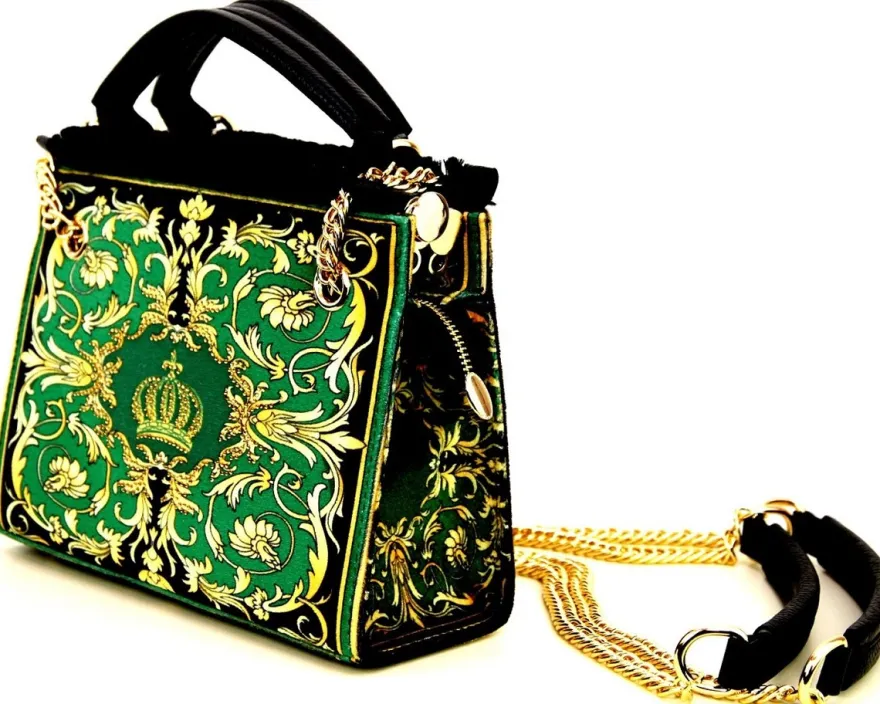 Pompöös by Casa Padrino Luxus Damen Handtasche Baroque Flowers mit Krone und Strass Steine Grün / Schwarz / Gold 25 x H. 20 cm - designed by Harald Glööckler