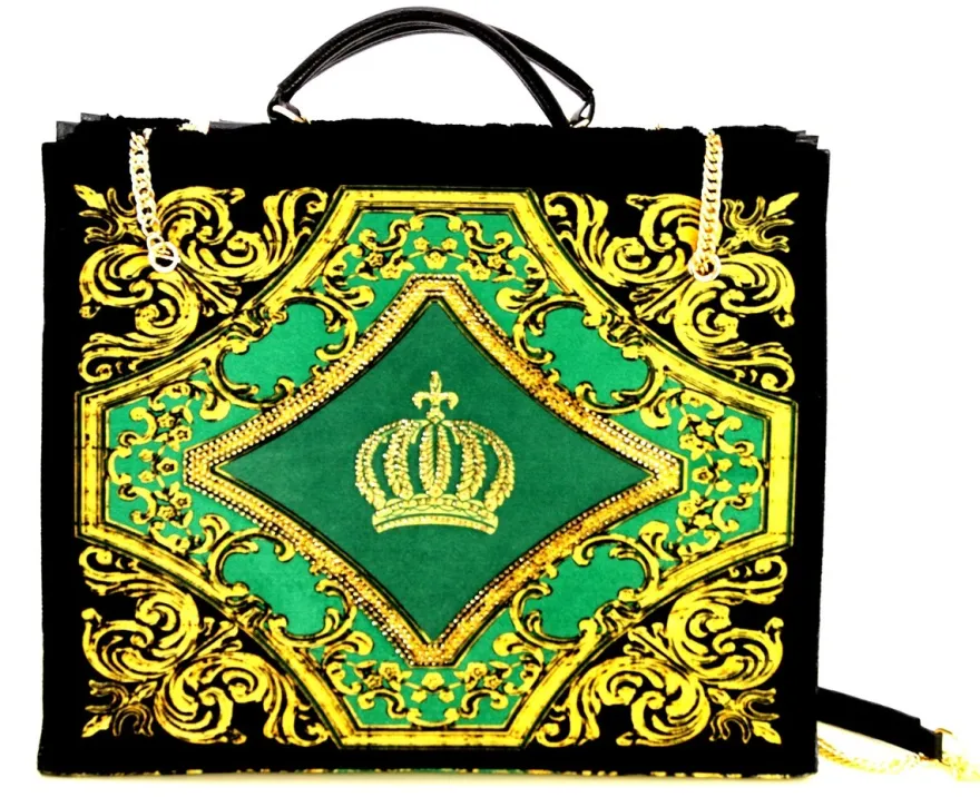 Pompöös by Casa Padrino Luxus Damen Handtasche Krone und Glitzersteine Grün / Schwarz / Gold 43 x H. 43 cm - designed by Harald Glööckler