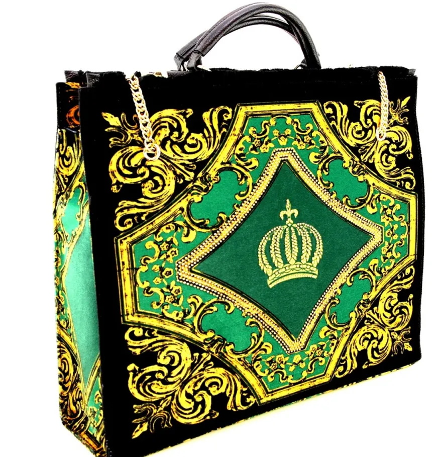 Pompöös by Casa Padrino Luxus Damen Handtasche Krone und Glitzersteine Grün / Schwarz / Gold 43 x H. 43 cm - designed by Harald Glööckler