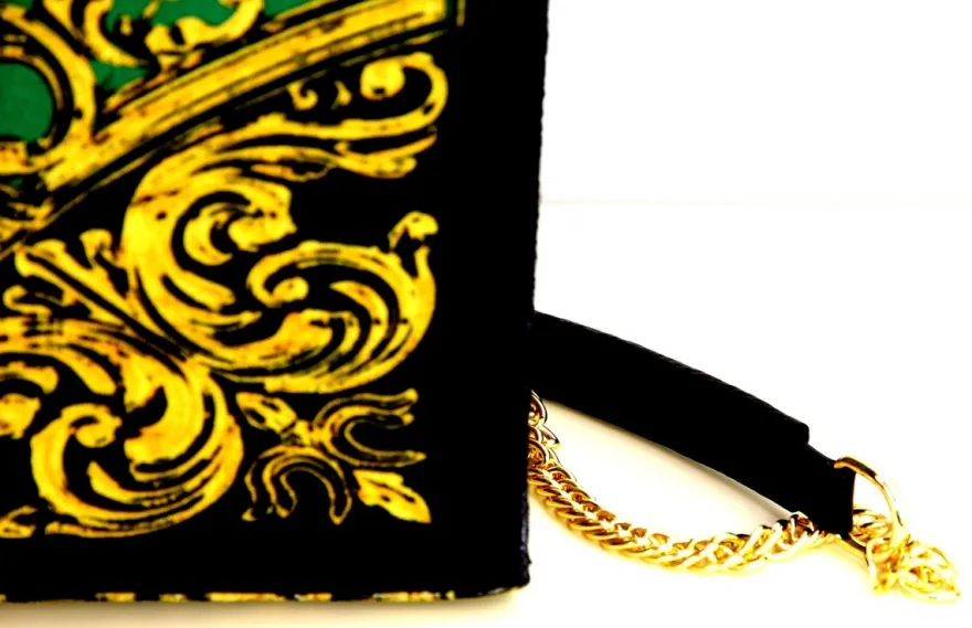Pompöös by Casa Padrino Luxus Damen Handtasche Krone und Glitzersteine Grün / Schwarz / Gold 43 x H. 43 cm - designed by Harald Glööckler