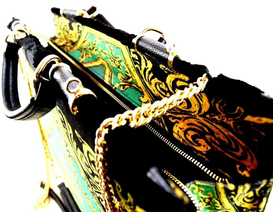 Pompöös by Casa Padrino Luxus Damen Handtasche Krone und Glitzersteine Grün / Schwarz / Gold 43 x H. 43 cm - designed by Harald Glööckler