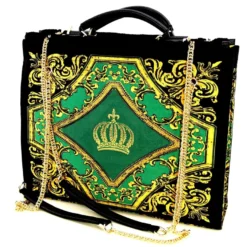 Pompöös by Casa Padrino Luxus Damen Handtasche Krone und Glitzersteine Grün / Schwarz / Gold 43 x H. 43 cm - designed by Harald Glööckler