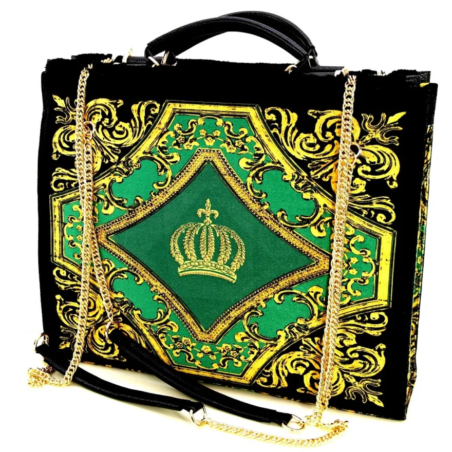 Pompöös by Casa Padrino Luxus Damen Handtasche Krone und Glitzersteine Grün / Schwarz / Gold 43 x H. 43 cm - designed by Harald Glööckler