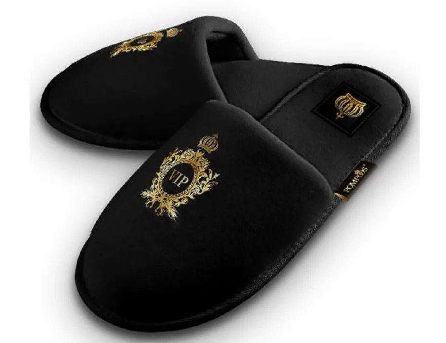 Pompöös by Casa Padrino Luxus Damen VIP Hotelslipper mit Krone Schwarz / Gold - designed by Harald Glööckler