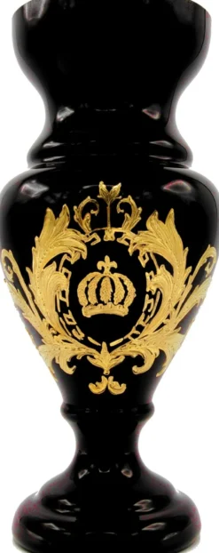 Pompöös by Casa Padrino Luxus Pokal Vase mit 24 Karat Vergoldung Schwarz / Gold Ø 14 x H. 30,5 cm - Pompööse Blumenvase designed by Harald Glööckler