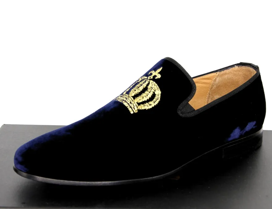 Pompöös by Casa Padrino Luxus Samt Slipper Krone Nachtblau / Gold - Verschiedene Schuhgrößen - designed by Harald Glööckler