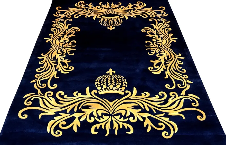 Pompöös by Casa Padrino Luxus Teppich von Harald Glööckler 200 x 290 cm Krone Royalblau / Gold - Barock Design Teppich - Handgewebt aus Wolle