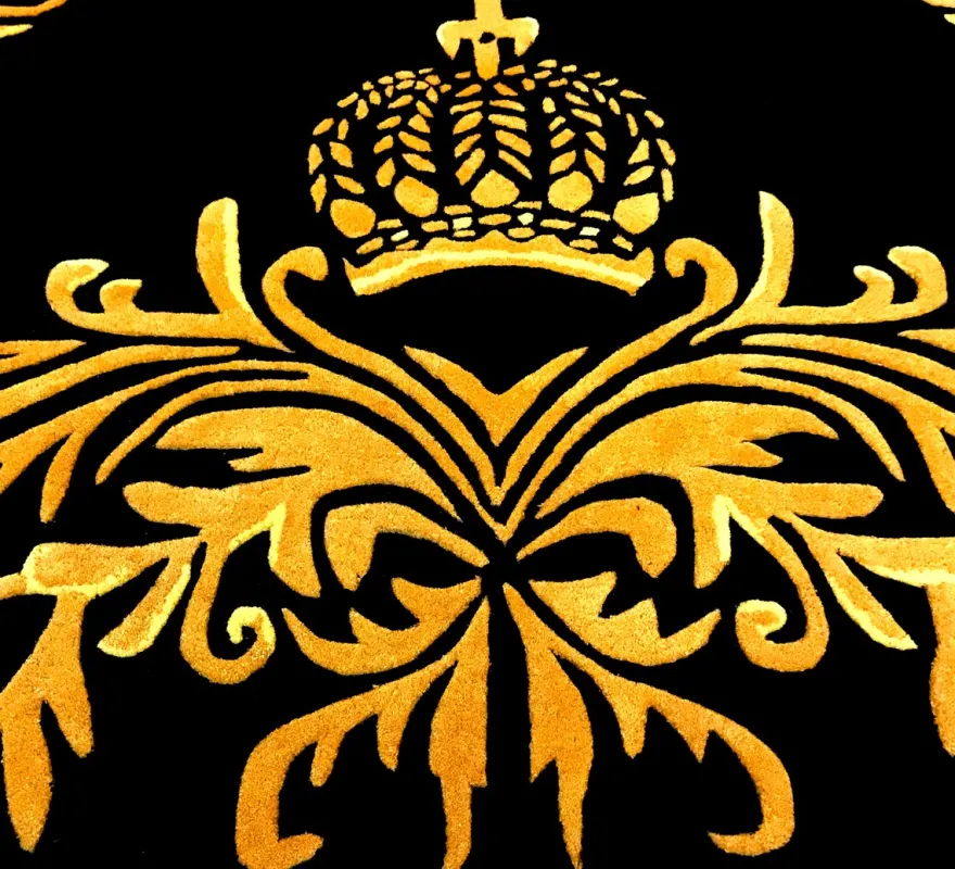 Pompöös by Casa Padrino Luxus Teppich von Harald Glööckler 120 x 170 cm Krone Schwarz / Gold - Barock Design Teppich - Handgewebt aus Wolle