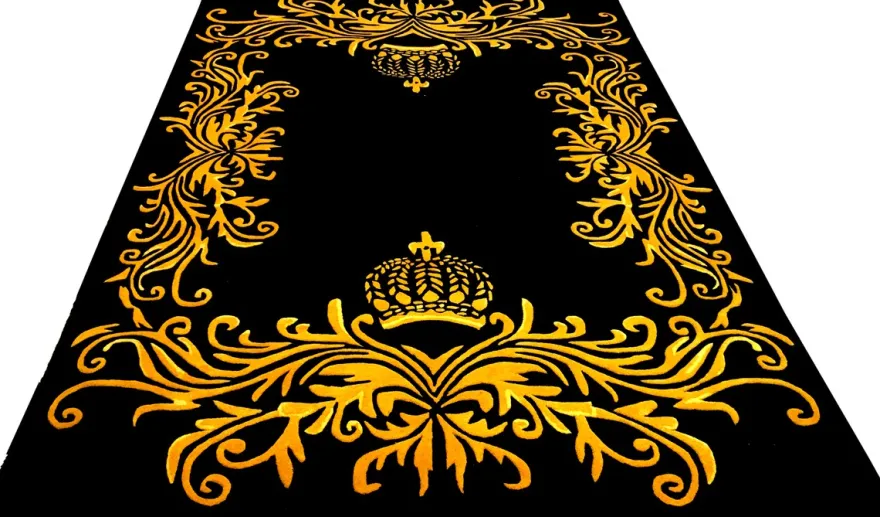 Pompöös by Casa Padrino Luxus Teppich von Harald Glööckler 120 x 170 cm Krone Schwarz / Gold - Barock Design Teppich - Handgewebt aus Wolle