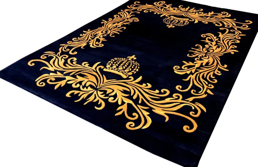 Pompöös by Casa Padrino Luxus Teppich von Harald Glööckler 160 x 230 cm Krone Royalblau / Gold - Barock Design Teppich - Handgewebt aus Wolle