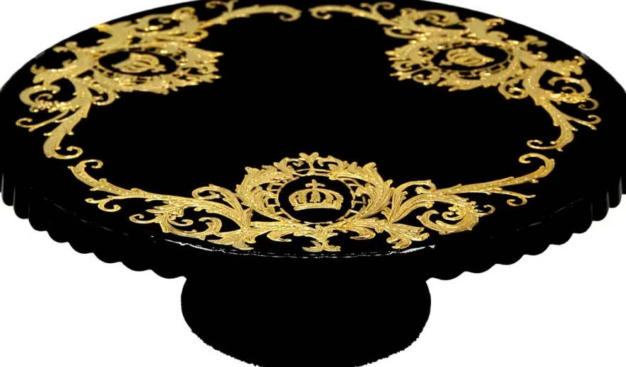 Pompöös by Casa Padrino Luxus Tortenplatte mit 24 Karat Vergoldung Schwarz / Gold Ø 32 x H. 11,5 cm - Pompööser Kuchenteller designed by Harald Glööckler