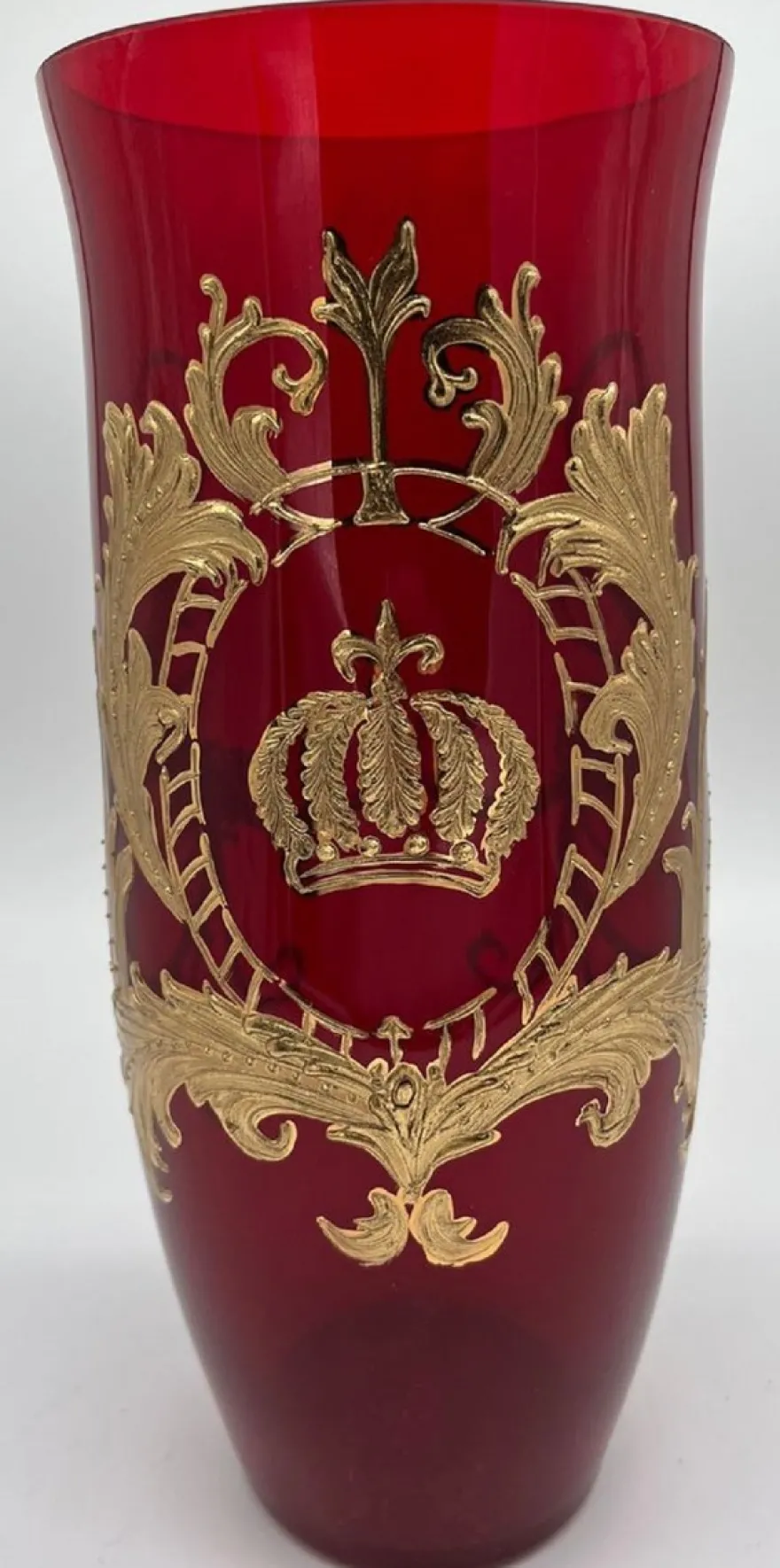 Pompöös by Casa Padrino Luxus Vase mit 24 Karat Vergoldung Rot / Gold Ø 12,3 x H. 30 cm - Pompööse Blumenvase designed by Harald Glööckler - Handgefertigt und per Hand bemalt - Edel & Prunkvoll