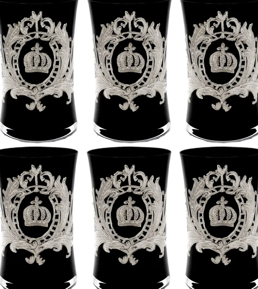 Pompöös by Casa Padrino Luxus Wasserglas Set Schwarz / Silber Ø 8 x H. 13 cm - Wassergläser mit edler Platin Beschichtung - Pompööse Gläser designed by Harald Glööckler