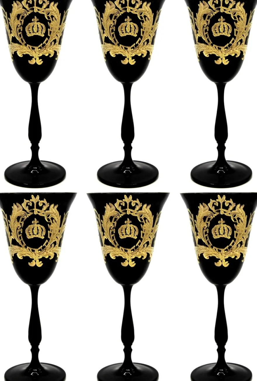Pompöös by Casa Padrino Luxus Weißweinglas Set Schwarz / Gold Ø 8,7 x H. 20,3 cm - Weißweingläser mit 24 Karat Vergoldung - Pompööse Weingläser designed by Harald Glööckler