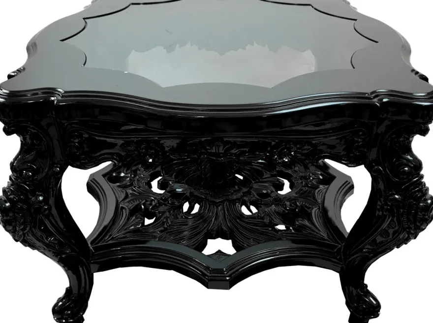 Prachtvoller handgeschnitzer Luxus Barock Couchtisch Schwarz mit eingesetzter Glasplatte 76 x 76 x H 52.5 cm von Casa Padrino