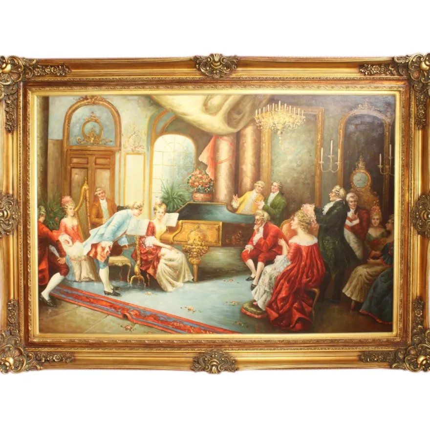 Riesiges Handgemaltes Barock Öl Gemälde Abend mit Klassischer Musik Gold Prunk Rahmen 225 x 165 x 10 cm - Massives Material