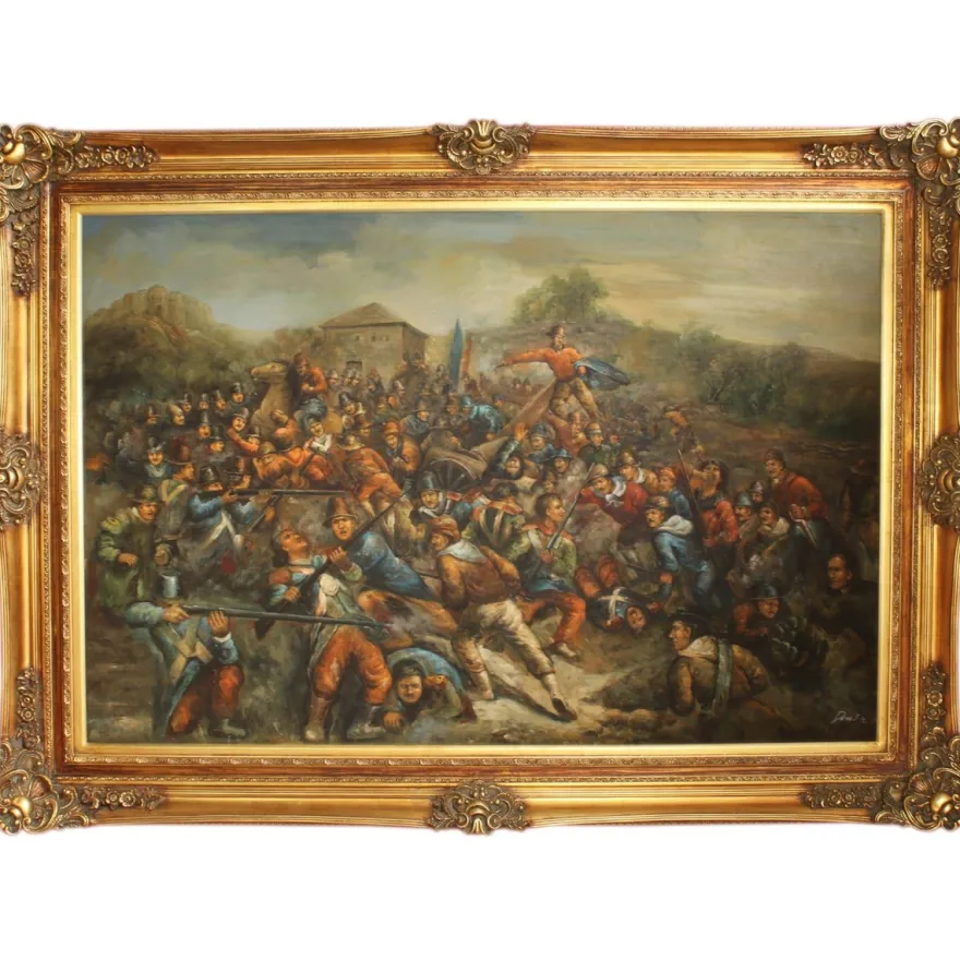 Riesiges Handgemaltes Barock Öl Gemälde Krieg Gold Prunk Rahmen 225 x 165 x 10 cm - Massives Material