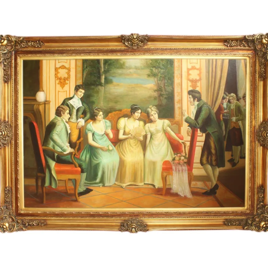 Riesiges Handgemaltes Barock Öl Gemälde Fräuleins Gold Prunk Rahmen 225 x 165 x 10 cm - Massives Material