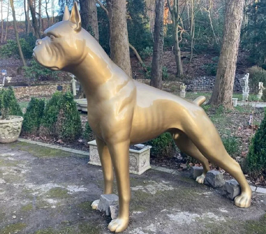 Riesige XXL Boxer Skulptur Gold 190 x H. 173 cm - Wetterbeständige Deko Gartenskulptur - Gartendeko Tierfigur Hunde Skulptur Hund